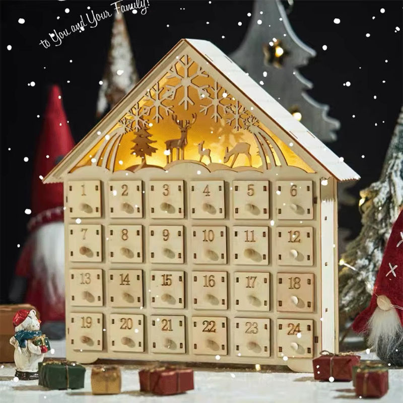 Handgemachter Adventskalender aus Holz in Hausform mit LED-Lichtern für 24 Tage, braun, skandinavisches Design - Bild 4