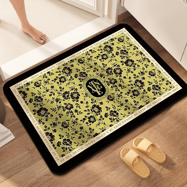 Schnelltrocknende Badezimmerbodenmatte aus Diatomeenerde mit floralem Design in Gelb, rutschfest und antibakteriell, B/T: 60 x 40 cm - Bild 1