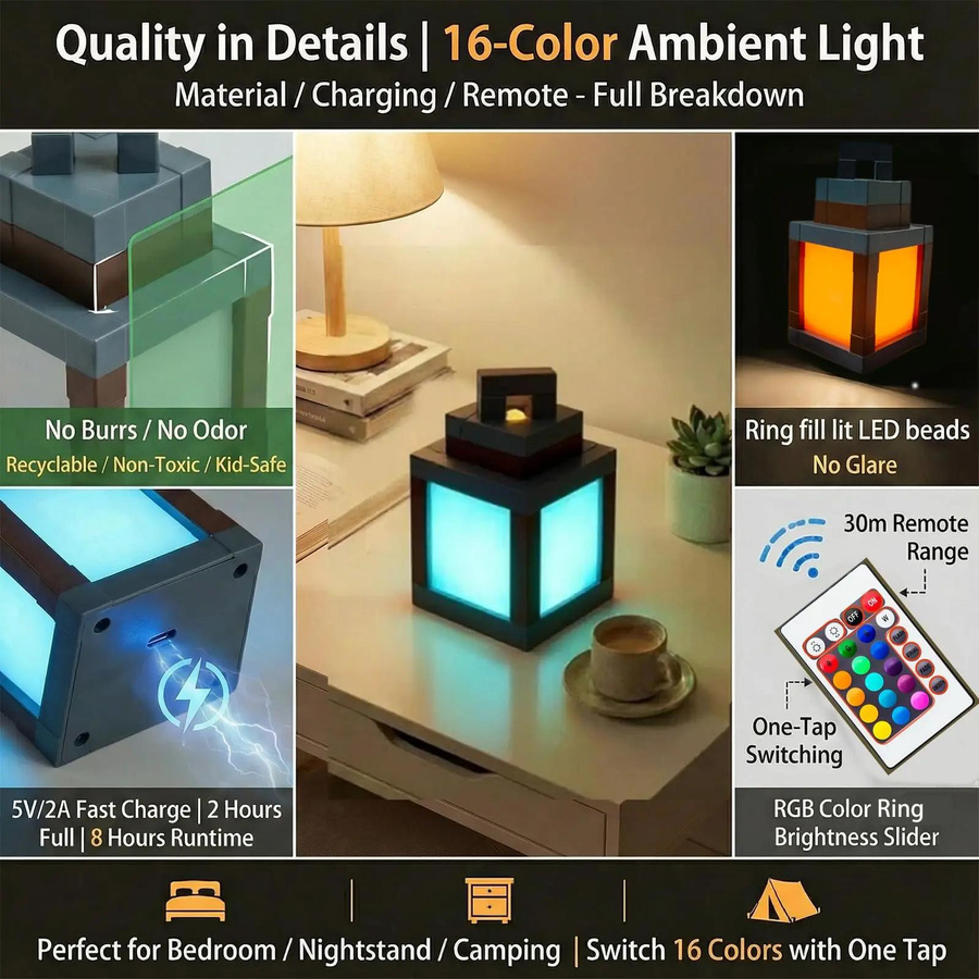 Tragbare Pixel-Nachttischlampe in Schwarz mit 16 Farben und wiederaufladbarem Akku zur DIY-Innendekoration - Bild 5