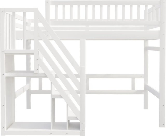 Merax Massivholzbett aus Kiefer mit Treppe und Stauraum, Weiß/Grau, B/T/H: 140 x 200 x 173 cm - Bild 1