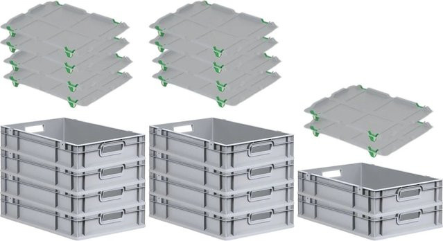 PROREGAL SparSet 10x Eurobox NextGen Grip mit Auflagedeckel und 4 grünen Schiebeschnappverschlüssen, Grau, H x B x T: 12 x 40 x 60 cm, 23 Liter - Bild 1