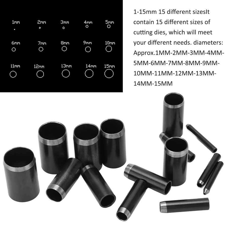 15-teiliges Lochstanz-Set aus Metall in Schwarz für Leder und DIY-Handwerk mit Lochstanzer und Schneidern von 1 bis 15 mm - Bild 3
