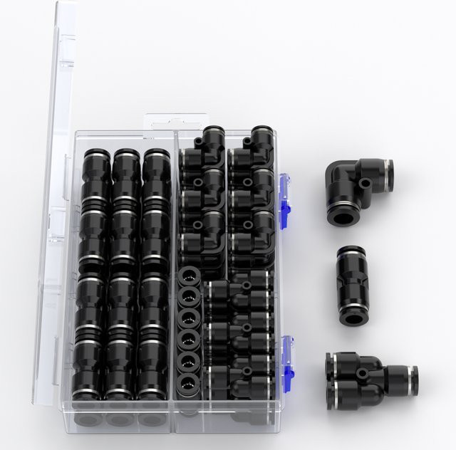 SteelShadow Pneumatik-Fitting-Kit für PU/PY/PV Schlauchrohre, Schwarz, Durchmesser: 4 mm, 6 mm, 8 mm, 10 mm, 12 mm, 14 mm, 16 mm - Bild 1