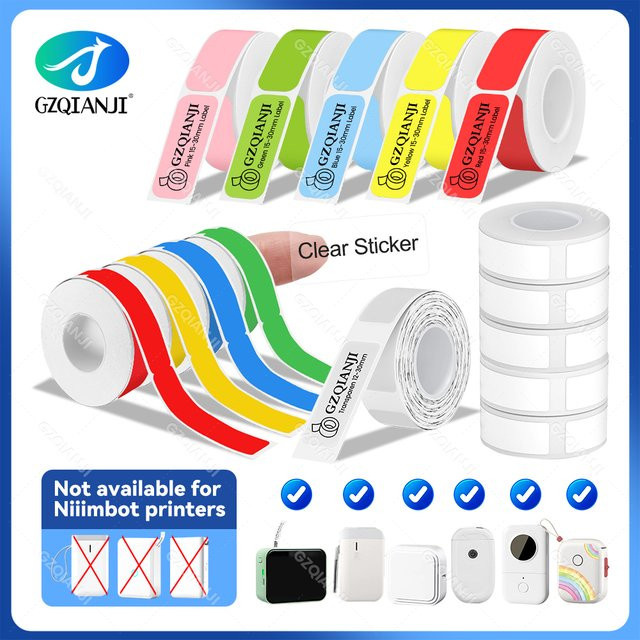 GZQIANJI Thermo Etikettenrollen für P15 Drucker, Aufkleber Papierrollen in Weiß und Transparent, Multi-Größe 15 x 30 mm und 12 x 40 mm - Bild 1