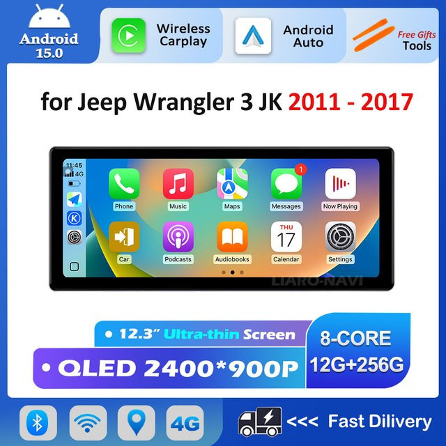 LIARO-NAVI Android 15 Multimedia Player mit GPS, WiFi und Bluetooth für Jeep Wrangler JK 2011-2017, QLED HD Bildschirm, Drahtloses CarPlay, Schwarz - Bild 1