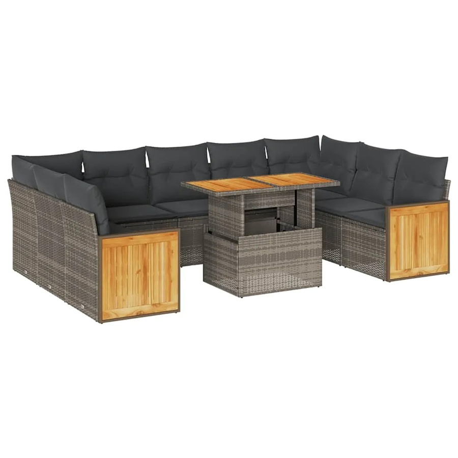 vidaXL 10-tlg. Garten-Sofagarnitur in L-Form aus Polyrattan und Akazienholz mit grauen Kissen - Bild 2