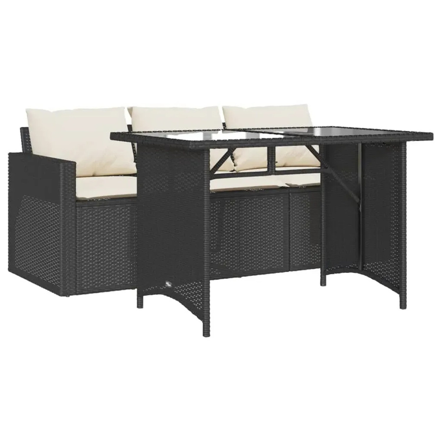 vidaXL 2-teilige Garten-Essgruppe aus Poly Rattan mit Kissen und Hartglas in Schwarz-creme Schwarz - Bild 2