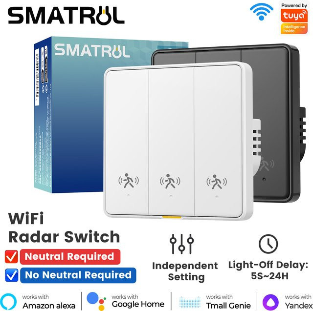 SMATRUL Tuya WiFi Smart Wandlichtschalter mit 10G Menschlichem Radar Motion Sensor, Weiß, ohne Neutralleiter, App- und Sprachsteuerung mit Timer und Alarmfunktion - Bild 1