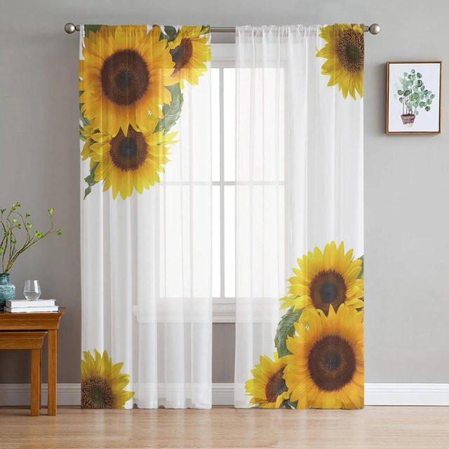 Yiran Furniture Transparenter Tüllvorhang mit Sonnenblumen- und Schmetterlingsmuster in Weiß, Breite: 135 cm, Höhe: 115 cm - Bild 1