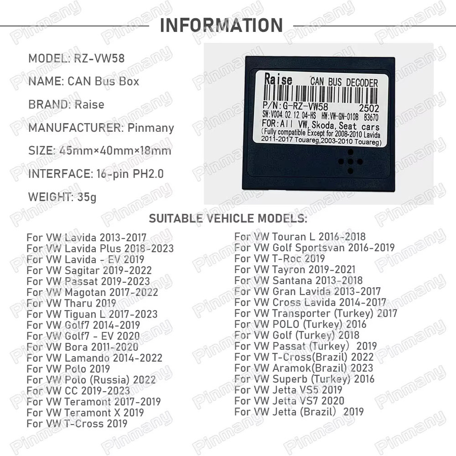 Auto Raise CAN Bus Decoder RZ-VW58 für Volkswagen T-Cross Touran Golf Sportsvan T-Roc Tayron Santana Gran Lavida Cross Lavida in Schwarz - Bild 2