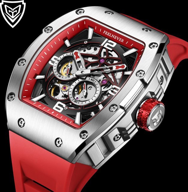 FeelNever Herrenuhr Tonneau, Automatik, Edelstahl, Silikon, Schwarz - Bild 1