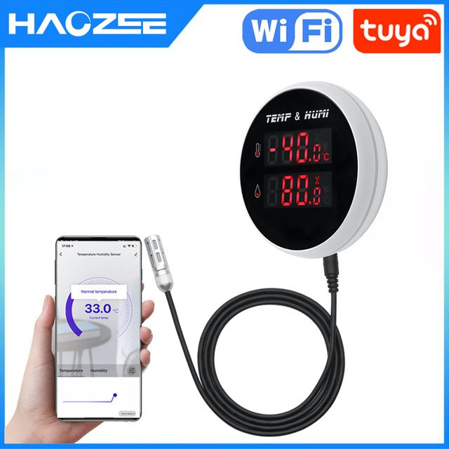 Haozee Tuya Smart WIFI Hygrometer Thermometer mit externem Temperatur-Feuchtigkeitsdetektor und App-Steuerung aus Kunststoff - Bild 1