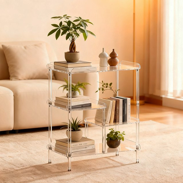 LIUSHADUOLA Acryl Beistelltisch in Transparent, Mehrschichtiges Wohnzimmer-Aufbewahrungsregal und Snacktablett im modernen Design - Bild 1