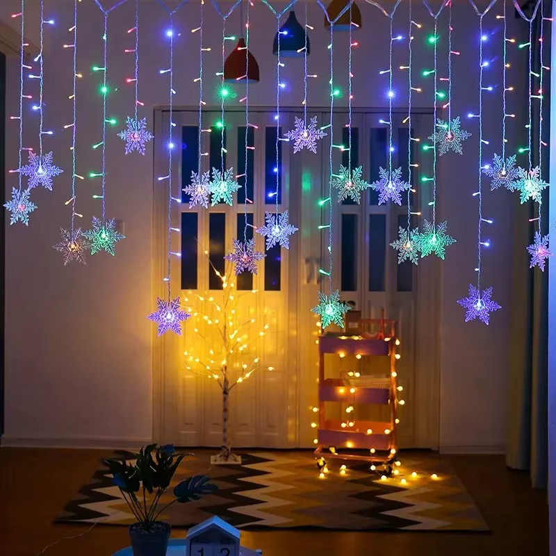 LED Schneeflocken Lichterkette als Vorhang mit blinkenden Sternen in Weiß, 3,5 m Länge, wasserdicht für Weihnachten, Party und Hochzeit - Bild 2