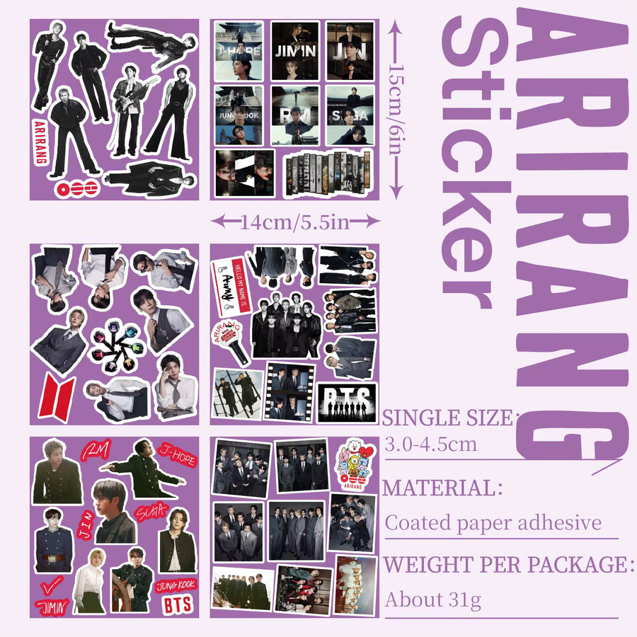 60 Stück BTS K-Pop Aufkleber Set mit Arirang-Motiven und Bandmitgliedern als DIY-Dekorationssticker in Mehrfarbig - Bild 2