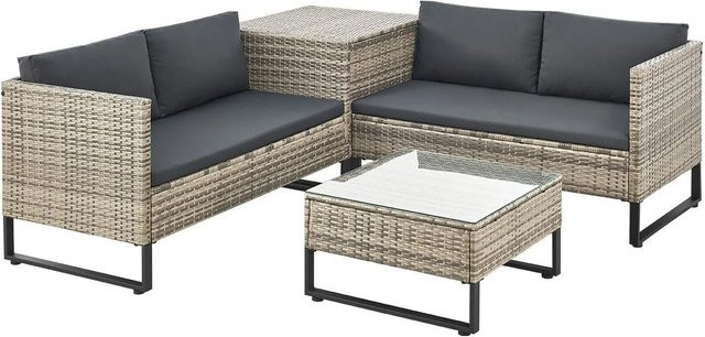 Juskys Polyrattan Lounge Santorini Outdoor Sitzecke in Grau mit Beistelltisch, Auflagenbox und Polsterauflagen - Bild 1