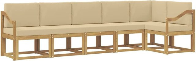 vidaXL Outdoor-Sofagarnitur 6-teilig in L-Form aus Akazienholz mit Kissen, Weiß und Beige - Bild 1