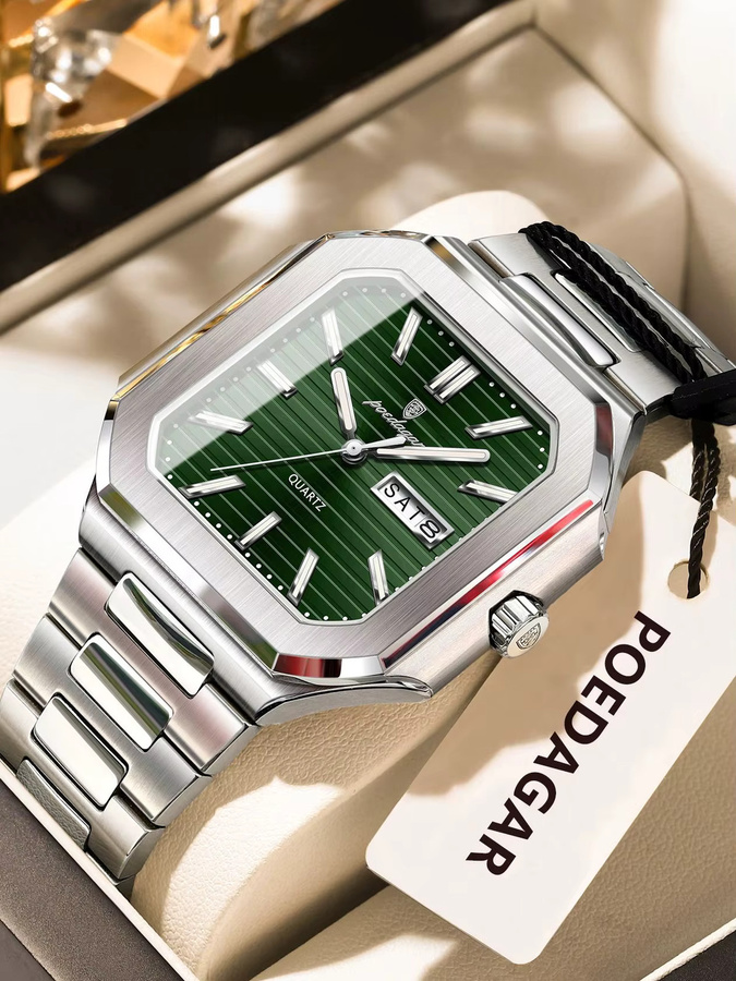 POEDAGAR Armbanduhr Quarz, Edelstahl, Silber, Grün, Herren - Bild 7