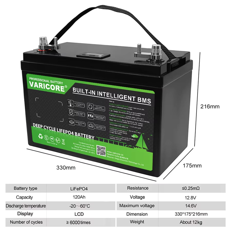 VariCore Lithium-Eisenphosphat-Batterie 12 V 120 Ah in Schwarz mit integriertem BMS für Solaranwendungen, Wohnmobile, Boote und netzunabhängige Systeme - Bild 2