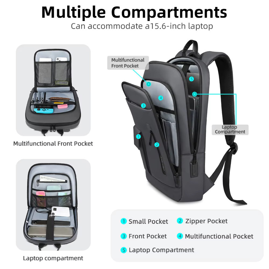 HK Business-Rucksack für Herren, wasserdichter Laptop-Rucksack für 15,6 Zoll mit USB-C-Anschluss und Diebstahlsicherung, Schwarz - Bild 4