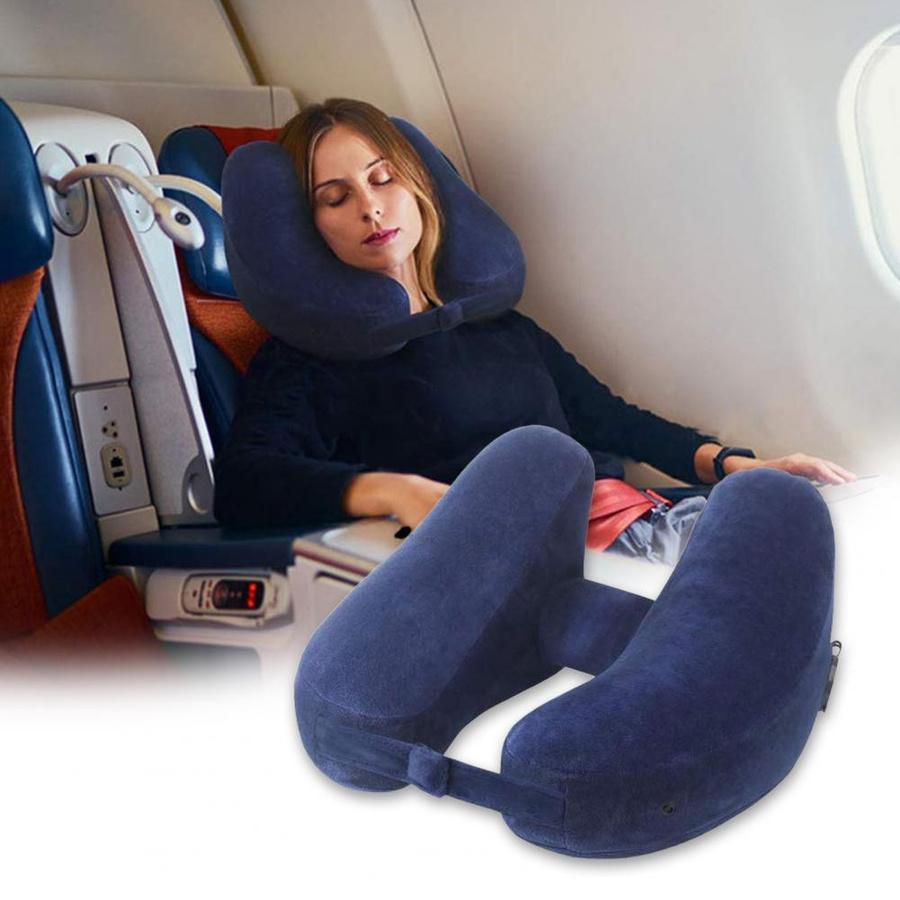 Aufblasbares Nackenkissen mit patentiertem Ventil und H-förmigem Nackenschutz inklusive Telefonaufbewahrung für Flugzeug und Auto, B/T/H: 30 x 20 cm - Bild 1