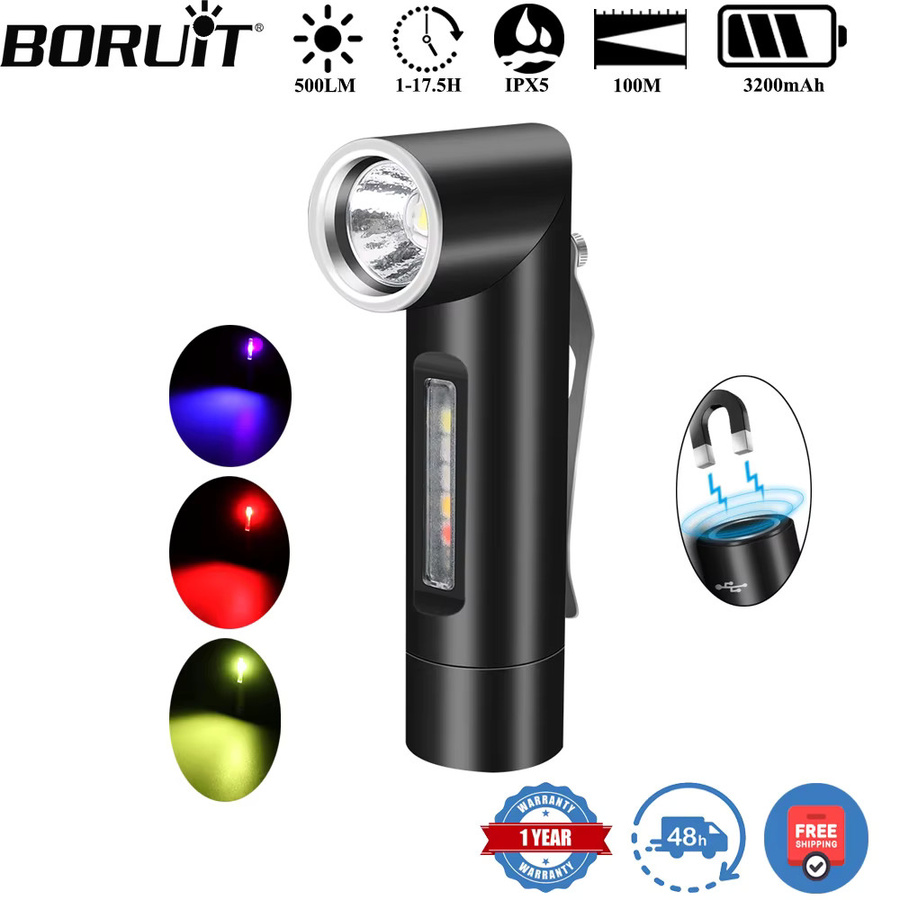 BORUiT V5S UV-LED-Taschenlampe mit 500LM, Drehkopf, Typ C, wiederaufladbar und Magnet, wasserdichte Arbeitsleuchte in Schwarz - Bild 2