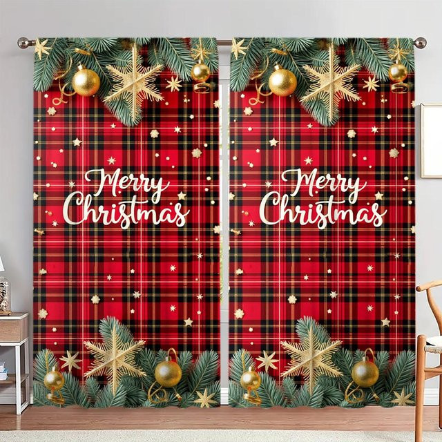 2er-Set Weihnachts Vorhänge mit Weihnachtsmotiv in Rot, halbtransparentes Polyester für Schlafzimmer, Büro und Küche, Breite: 52,5 cm, Höhe: 116 cm - Bild 1