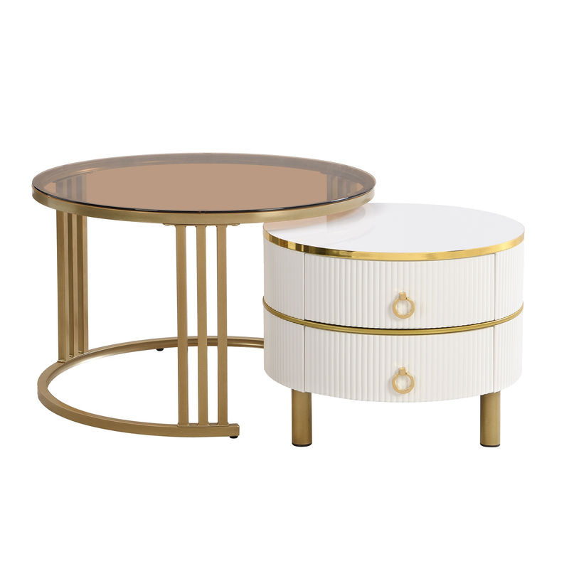 Aosom 2er Set runde Couchtische mit Schubladen in Weiß und Braun, modern mit MDF und gehärtetem Glas, Durchmesser: 70 cm und Durchmesser: 50 cm - Bild 2