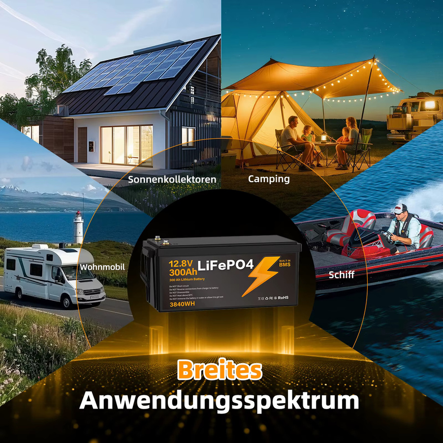 LiFePO4 Lithium-Eisenphosphat-Batterie 12,8V 300Ah mit 3840Wh, integriertes BMS, A+ Qualitätszellen, Schwarz - Bild 3