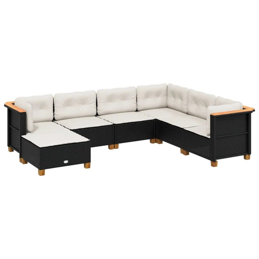 vidaXL 7-tlg Garten-Sofagarnitur in L-Form aus Polyrattan und Akazienholz mit Kissen, Schwarz - Bild 2