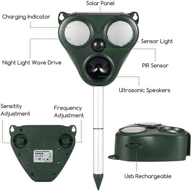 Solarbetriebene Ultraschall-Tierabwehr mit Infrarotsensor und 5 Modi, IP66 wasserdicht für den Außenbereich - Bild 1