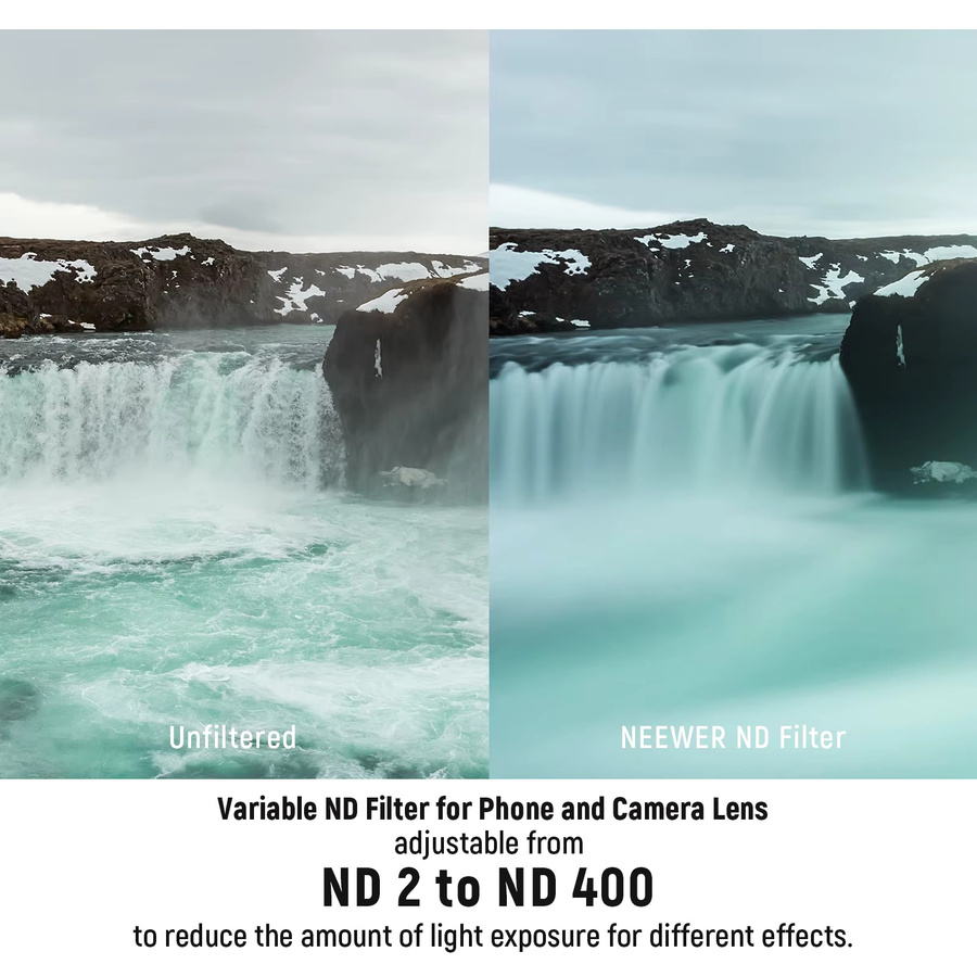 NEEWER ND2-ND400 Clip-On Telefonkamera-Objektivfilter-Set mit verstellbarem ND-Filter und Telefonclip in Schwarz - Bild 2