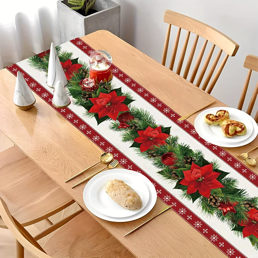 Elegante Weihnachtstischdecke aus Leinen mit Weihnachtsstern, Tannenzweigen und Schneeflocken-Aufdruck, rechteckig, B/T/H: 150 x 45 x 45 cm - Bild 5
