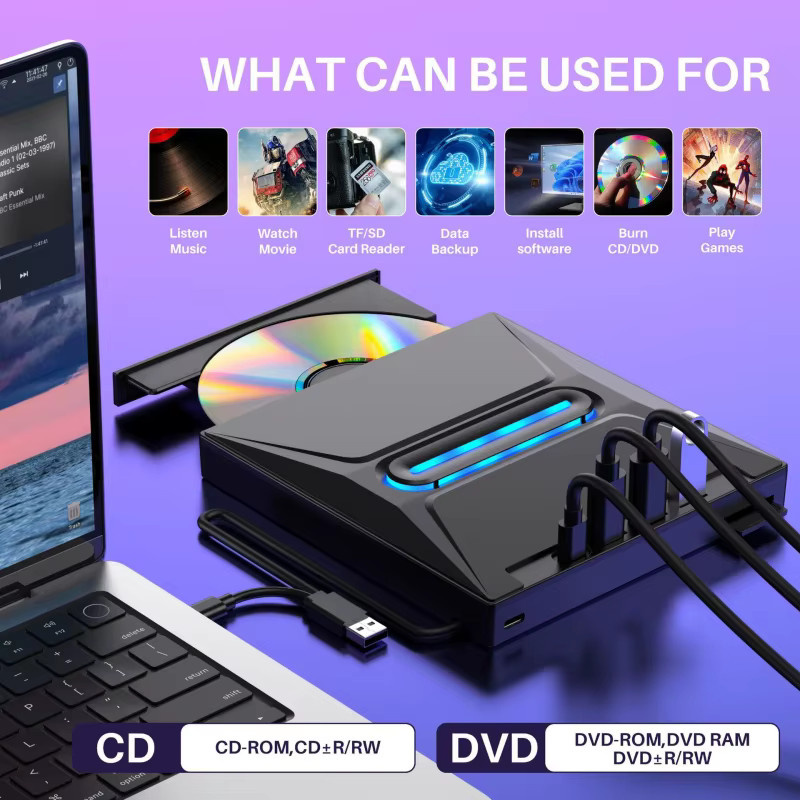Externes 5-in-1 Blu-ray Laufwerk mit USB 3.0 Type-C Anschluss, BD/DVD/CD Brenner und SD/TF Kartenleser in Schwarz - Bild 3