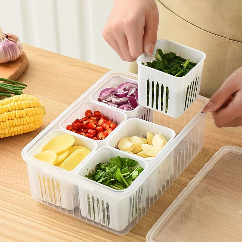 Durchsichtige Kühlschrank-Aufbewahrungsbox mit Abflusskorb für Obst, Gemüse und Fleisch, Weiß/Transparent - Bild 3