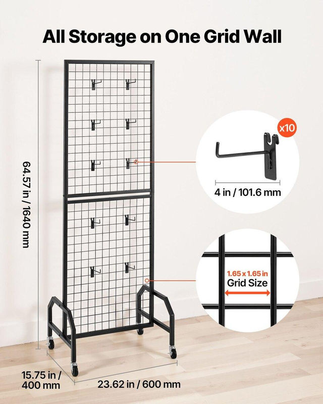 Buying Solutions MB Gitterwandpaneel Draht-Displayständer aus Kohlenstoffstahl mit Rädern und 10 Haken, Farbe: Schwarz, B/H: 60 x 164 cm - Bild 2