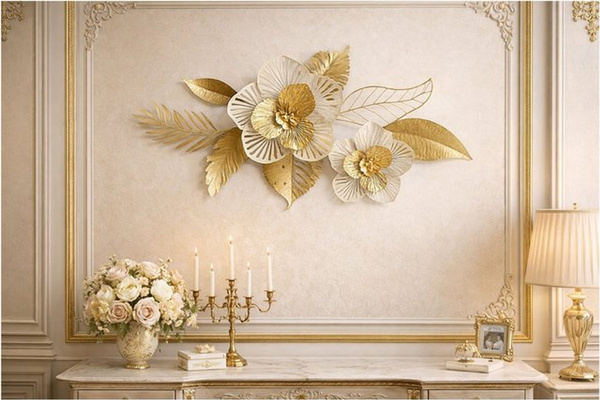 Wanddekoobjekt mit Blüten- und Blättermotiv von möbel direkt online in Gold und Creme aus Metall