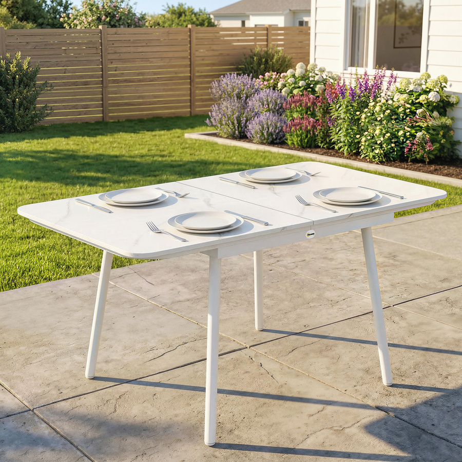 Outsunny Rechteckiger Gartentisch für 4-6 Personen mit WPC-Tischplatte und Metallgestell in Weiß, B/T/H: 140 x 80 x 75 cm - Bild 2