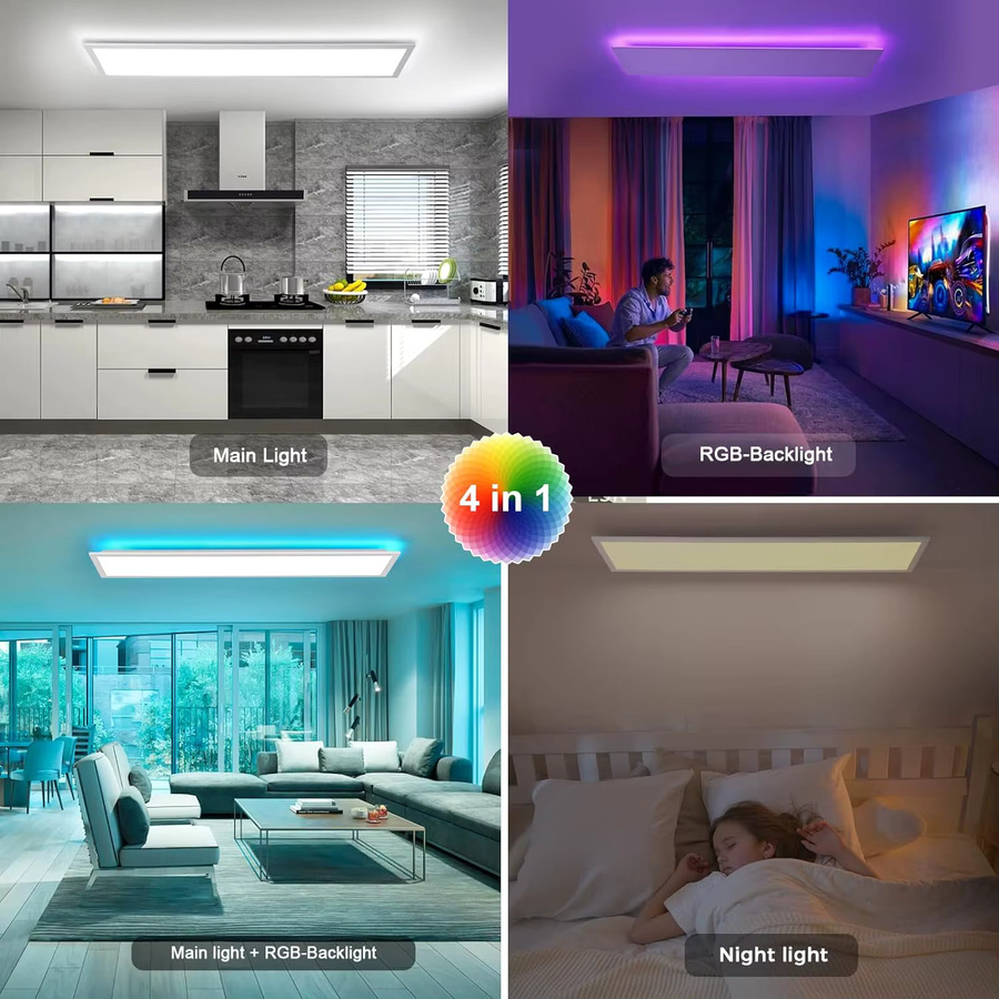 Oraymin LED-Panel-Deckenleuchte in Weiß mit RGB-Hintergrundbeleuchtung, dimmbar mit Fernbedienung, B/T: 100 x 25 cm, 30W - Bild 3