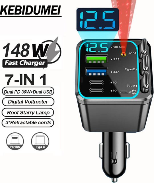 Kebidumei 7-in-1 Autoladegerät mit Dach-Sternenlampe, 148 W Schnellladegerät mit 4 USB-Ports und PD, Digitales Voltmeter, Schwarz - Bild 1