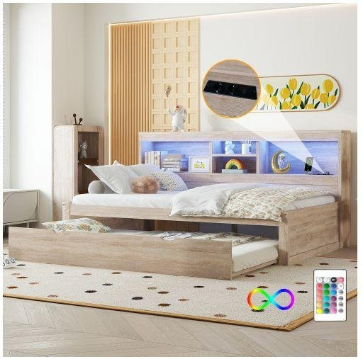 Schlafsofa MUVOE in Naturbeige mit Steckdose und USB-Anschluss, Breite: 90 cm, Tiefe: 200 cm - Bild 1