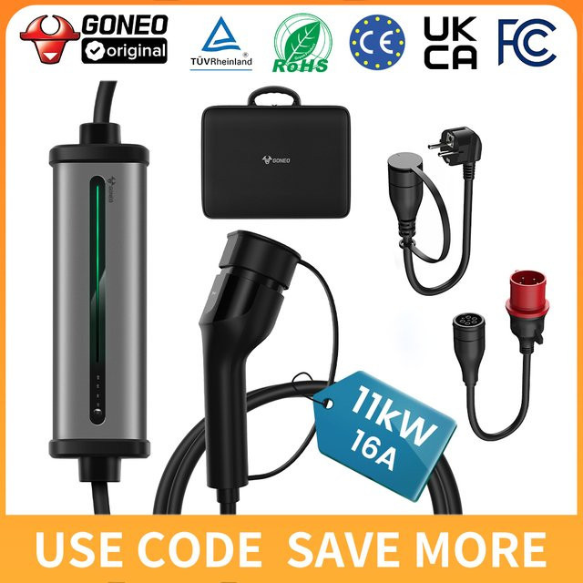 GONEO Mobile Wallbox Ladestation mit Typ 2 CEE-Stecker und Schuko-Stecker, Mobile EVSE mit 11kW/7kW, 16A/32A, IP66 und 7m Kabel für Modell Y/3 und ID3/4/5 - Bild 1