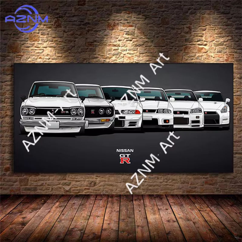 Modernes Leinwandgemälde Rastar GTR R34 vs Supra Auto-Wandkunst im Querformat, mehrfarbig - Bild 2