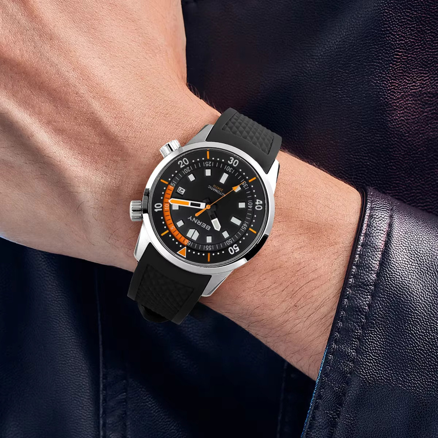 BERNY Armbanduhr, Automatik, Edelstahl, 42 mm, Herren, Schwarz, Silber - Bild 6