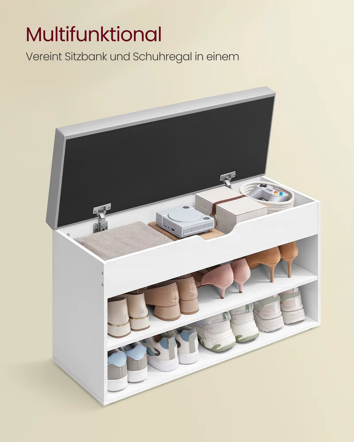 VASAGLE Schuhbank mit Sitzkissen und 3 Ebenen als Schuhregal für den Flur, weiß-grau, B/T/H: 80 x 30 x 44 cm - Bild 2