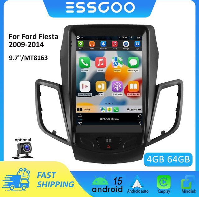 ESSGOO Android Autoradio mit 9,7 Zoll Portrait-Bildschirm für Ford Fiesta 2009-2014, 2Din Multimedia-Player mit Carplay, GPS, 4GB RAM und 64GB Speicher, Schwarz - Bild 1