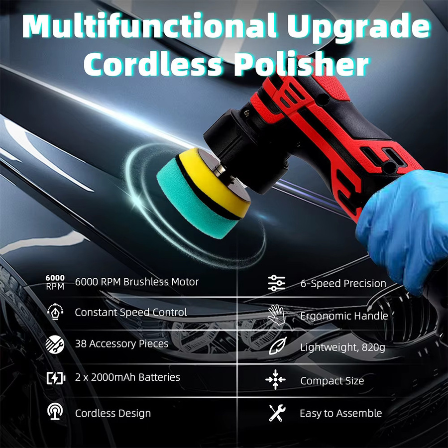 Podofo 12V Multifunktionspolierer Kabellos in Rot mit 6 Geschwindigkeiten und 3 Aufsätzen für Auto-Detailing und Scheinwerferpflege - Bild 4