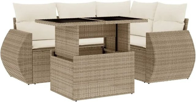 vidaXL 5-teilige Garten-Sofagarnitur aus Poly-Rattan mit Kissen in Beige-creme - Bild 1