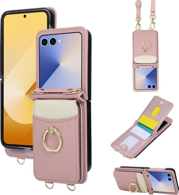 Leder-Crossbody-Brieftasche mit Kartenfach und Handyhülle für Samsung Galaxy Z Flip 7 6 5 4 3 FE in Pink mit Lanyard-Ringhalter und Schutzabdeckung - Bild 1
