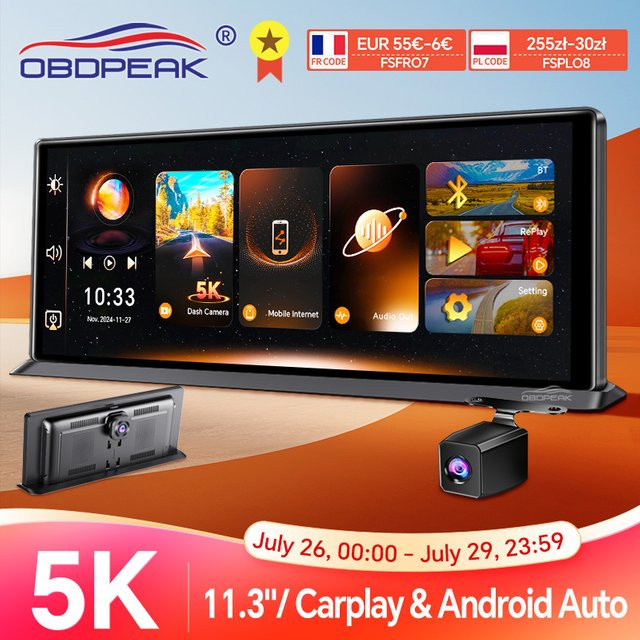 OBDPEAK K8 Pro Dashcam mit 11,3 Zoll Touchscreen, 5K Auflösung, GPS, 5G WiFi, Wireless CarPlay und Android Auto, Schwarz - Bild 1